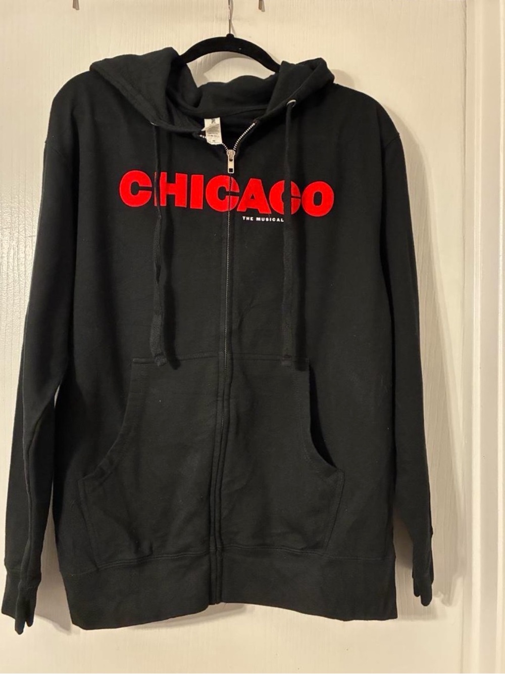 Black Zip-Front Hoodie Jacket with Red 'CHICAGO' Graphic